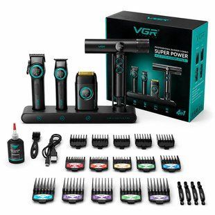 Профессиональный набор для стрижки волос VGR Stepless Pro 4 в 1 - машинка для стрижки, триммер, шейвер и фен